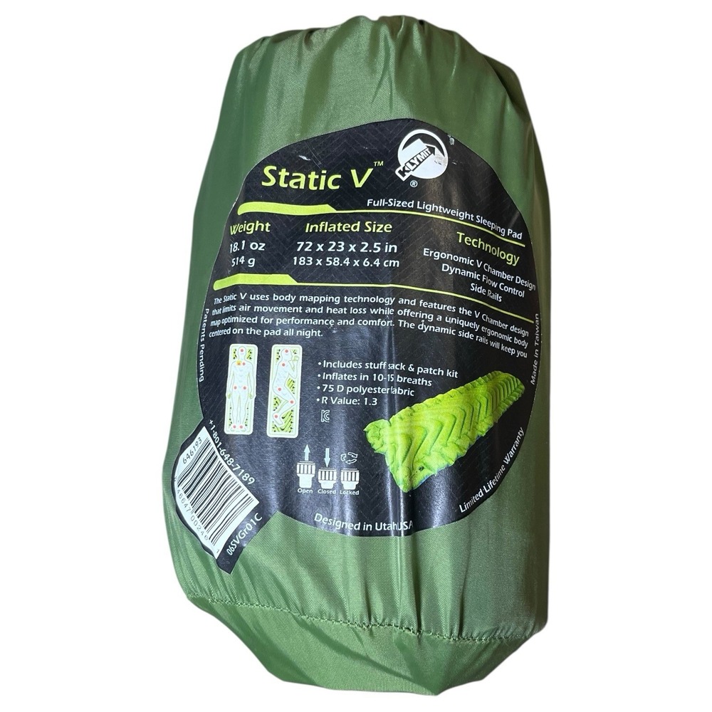 Klymit Static V Lightweight Sleeping Pad Green Inflatable Camping Mat 06SVGr01C
